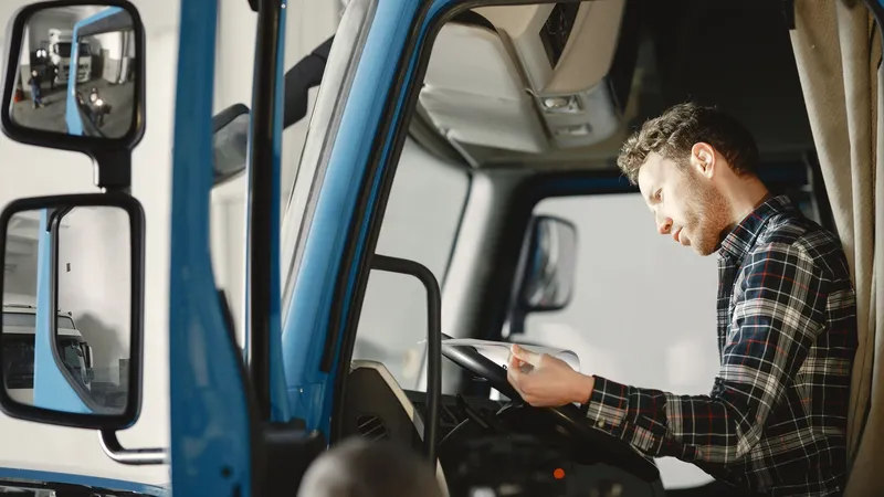 A driver in a truck cab reading a checklist before setting off